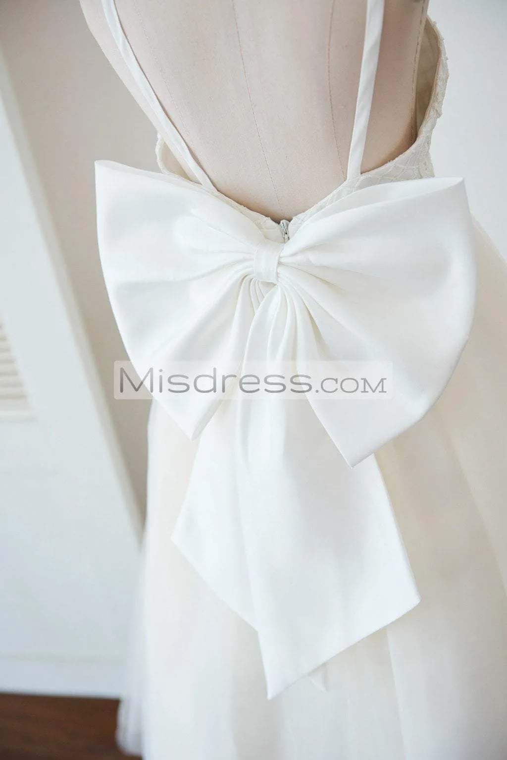 Princess Straps Ivory Lace Tulle Backless Wedding Flower Girl Dress, Bow