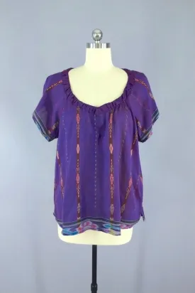Purple Ikat Indian T-Shirt made from a Vintage Indian Sari
