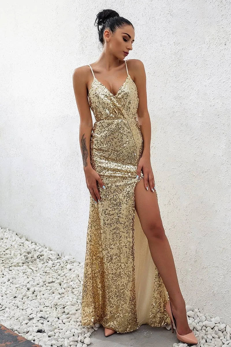 "Golden Goddess" elegant sequins side split long dress