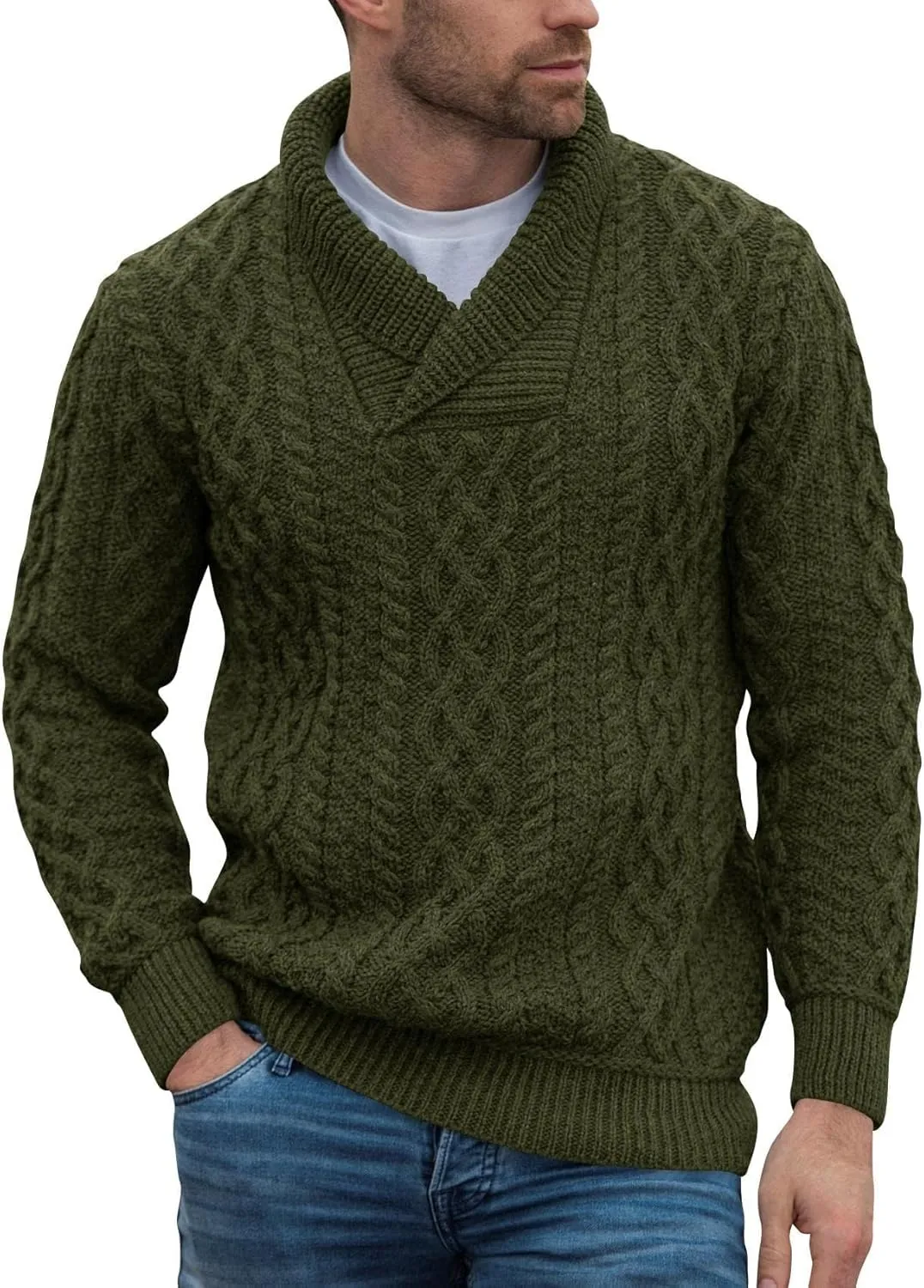 Runcati Mens Shawl Collar Sweaters Casual Cable Knit V-Neck Slim Fit Fall Winter Lightweight Pullover Sweater Knitwear