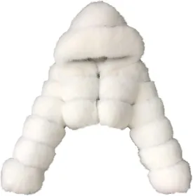 SACFOF Women's Winter Warm Jacket Faux Fur Hooded Jacket Long Sleeve Sexy Short Coat Winter Cropped Shearling Furry Overcoat