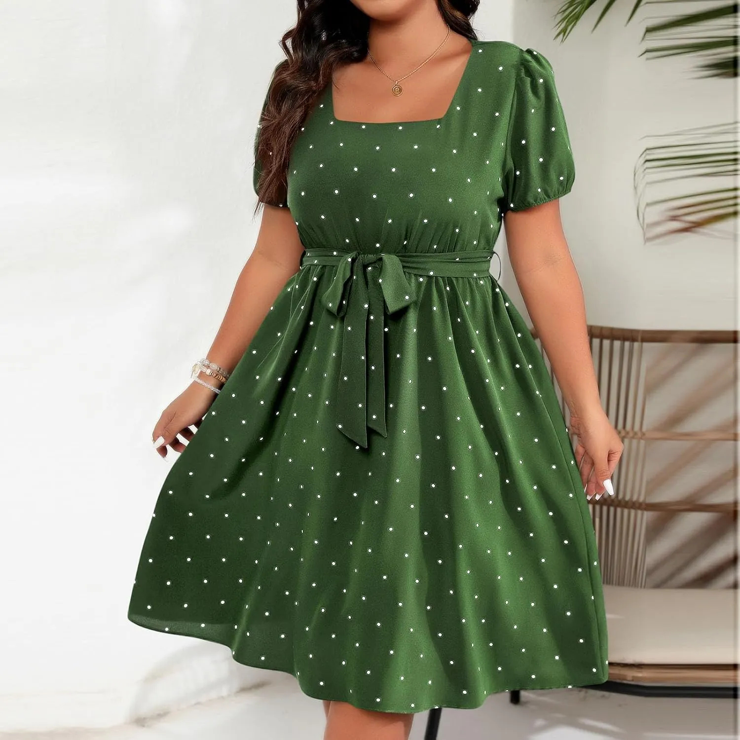 Short Polka Dot Dress for Women 2025 Vintage Square Neck Prom Party Loose Fit Dress with Belt Summer Casual Aline Dress