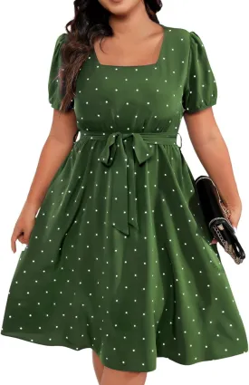 Short Polka Dot Dress for Women 2025 Vintage Square Neck Prom Party Loose Fit Dress with Belt Summer Casual Aline Dress