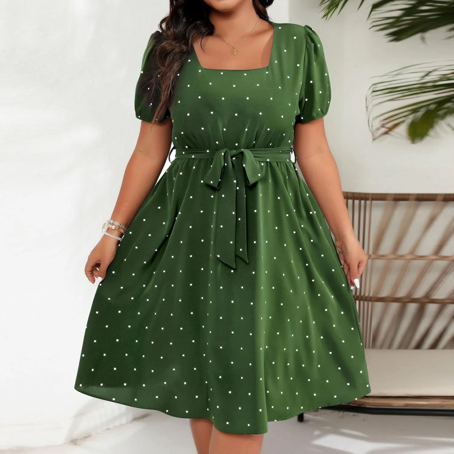 Short Polka Dot Dress for Women 2025 Vintage Square Neck Prom Party Loose Fit Dress with Belt Summer Casual Aline Dress