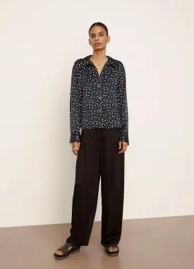 Silk Tossed Dot Fitted Collar Blouse in Deep Marine