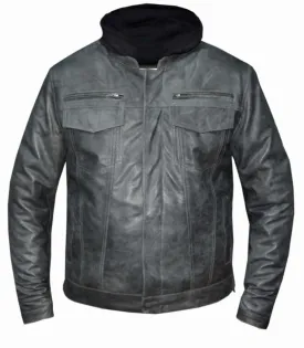 Slate Grey Lambskin Mens Leather Jacket with Removable Hood