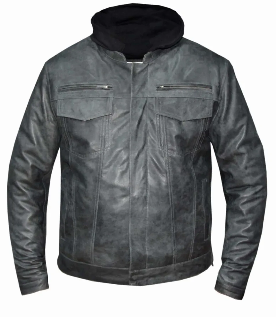 Slate Grey Lambskin Mens Leather Jacket with Removable Hood