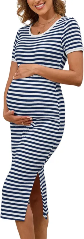 Striped Maternity Dress Ribbed Knit Short Sleeve Slim Fit Side Slit Bodycon Long Pregnancy Dress