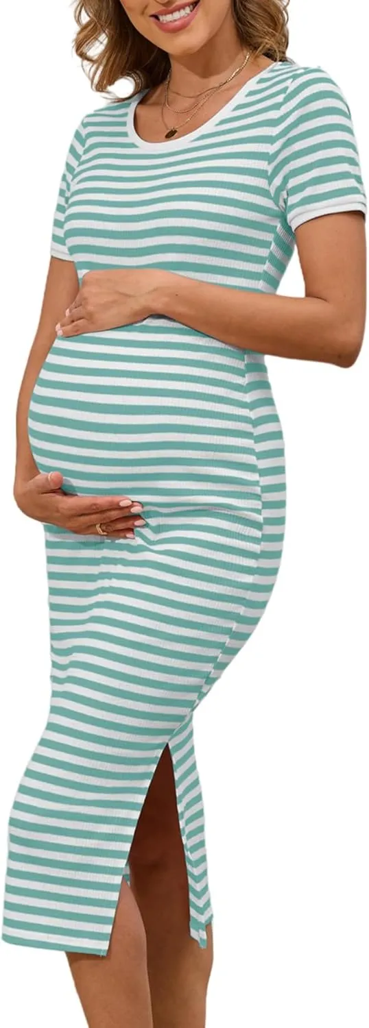Striped Maternity Dress Ribbed Knit Short Sleeve Slim Fit Side Slit Bodycon Long Pregnancy Dress