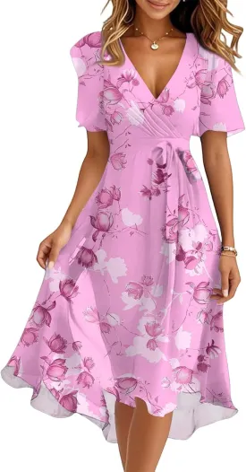 Summer Dress Vintage Casual V Neck Short Sleeve Midi Dress Waist Belted Beach Vacation Solid Color Long Dress