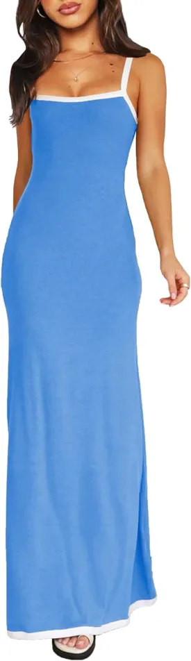 Summer Knit Maxi Dress Sleeveless Contrasting Edges Elasticated Straps Long A-Line Bodycon Slim Dress