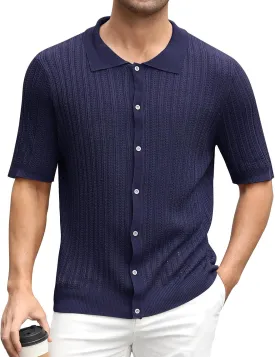 Sumolux Mens Knit Button Down Shirt Short Sleeve Polo Shirts Vintage Shirts Texture Casual Summer Beach Shirt