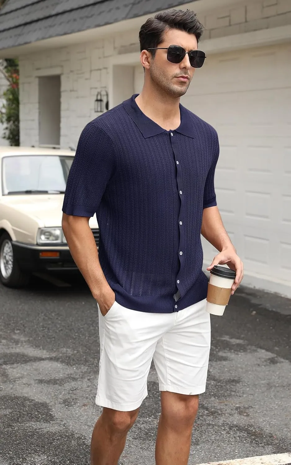 Sumolux Mens Knit Button Down Shirt Short Sleeve Polo Shirts Vintage Shirts Texture Casual Summer Beach Shirt