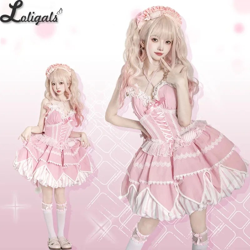 Sweet Lolita Dress Asymmetrical Hem Mini Bubble Dresses w. Big Bow by Ocelot ~ Sweety Gummy