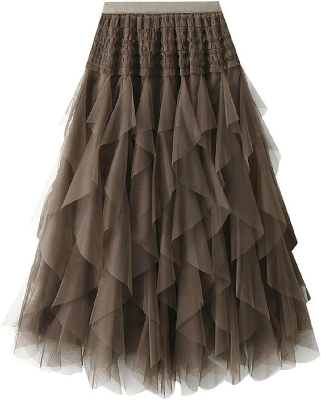 Tulle Tutu Skirts for Women Summer Fashion Elastic High Waist Tiered Ruffle Hem Midi Skirt Elegant Puffy Fairy Skirt
