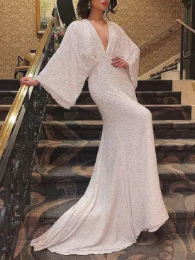 V-neck Long Sleeve Elegant Ladies Sequin Dress Long Dress