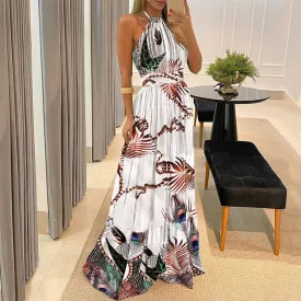 VenusFox Women Tropical Print Halter Backless Strapless Maxi Dress 2021 Summer Sexy Sleeveless Beach Dress Sundress Vacation