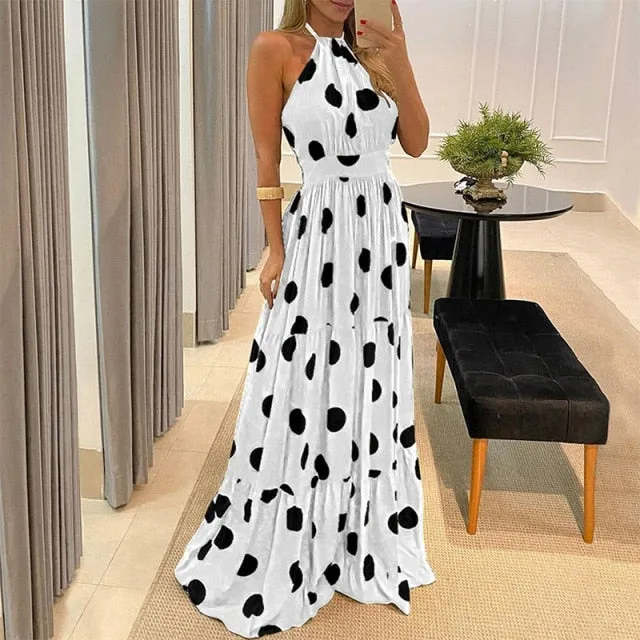 VenusFox Women Tropical Print Halter Backless Strapless Maxi Dress 2021 Summer Sexy Sleeveless Beach Dress Sundress Vacation