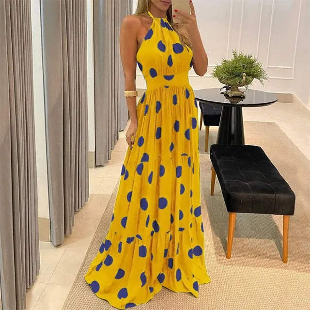 VenusFox Women Tropical Print Halter Backless Strapless Maxi Dress 2021 Summer Sexy Sleeveless Beach Dress Sundress Vacation
