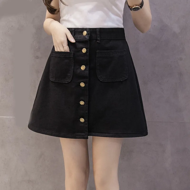 Vintage Women Denim Mini Skirt Summer High Waist A-line Korean Single Button Female Jeans Harajuku Cotton Street Wear