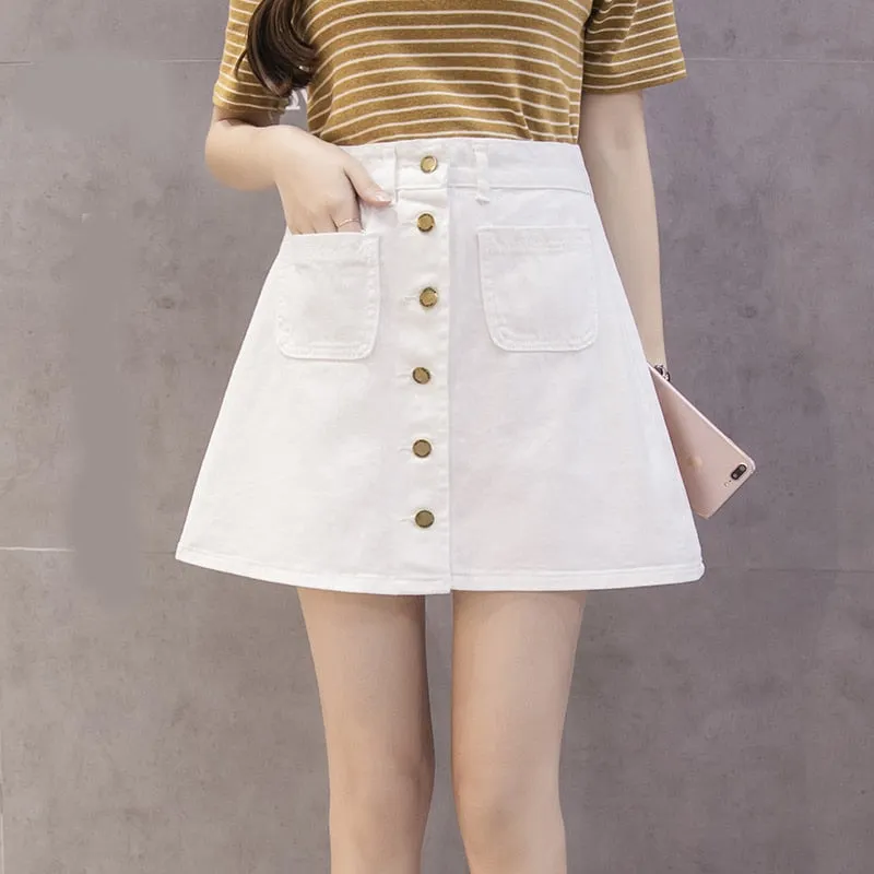 Vintage Women Denim Mini Skirt Summer High Waist A-line Korean Single Button Female Jeans Harajuku Cotton Street Wear