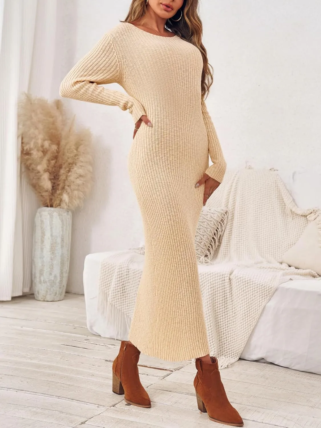 Wenrine Womens Sweater Maxi Dress Long Sleeve Knit Ribbed Crew Neck Slim Fit Casaul Fall Long Dresses