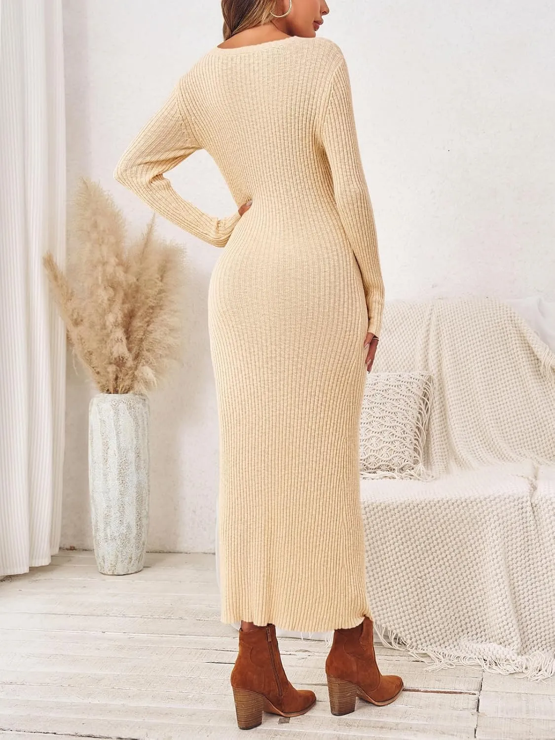 Wenrine Womens Sweater Maxi Dress Long Sleeve Knit Ribbed Crew Neck Slim Fit Casaul Fall Long Dresses