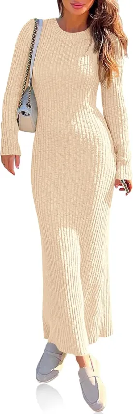 Wenrine Womens Sweater Maxi Dress Long Sleeve Knit Ribbed Crew Neck Slim Fit Casaul Fall Long Dresses
