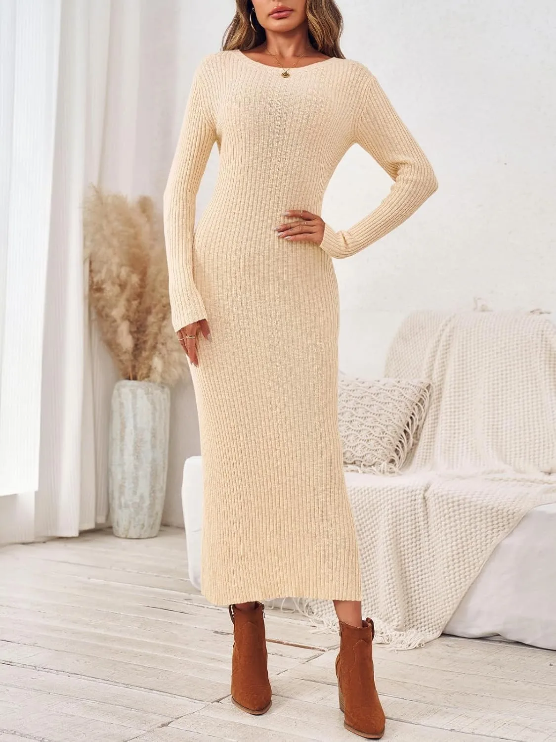 Wenrine Womens Sweater Maxi Dress Long Sleeve Knit Ribbed Crew Neck Slim Fit Casaul Fall Long Dresses