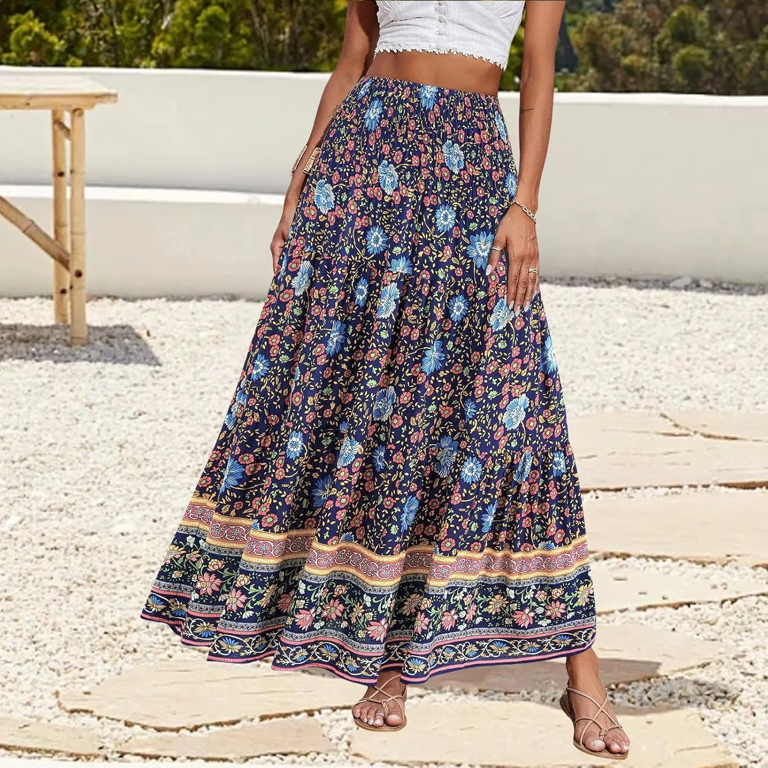 Women Boho Maxi Skirts Flowy Floral Elastic High Waist Long Skirts Summer Bohemian A-Line Pleated Casual Beach Skirt