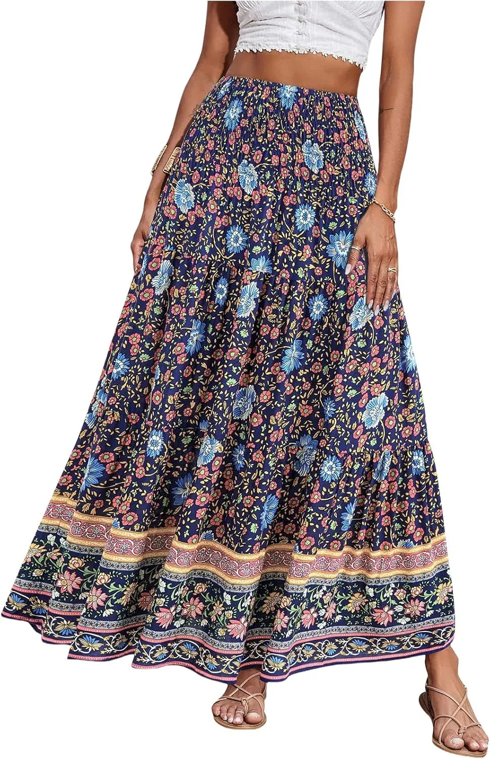 Women Boho Maxi Skirts Flowy Floral Elastic High Waist Long Skirts Summer Bohemian A-Line Pleated Casual Beach Skirt
