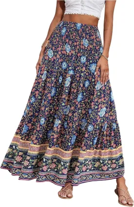 Women Boho Maxi Skirts Flowy Floral Elastic High Waist Long Skirts Summer Bohemian A-Line Pleated Casual Beach Skirt