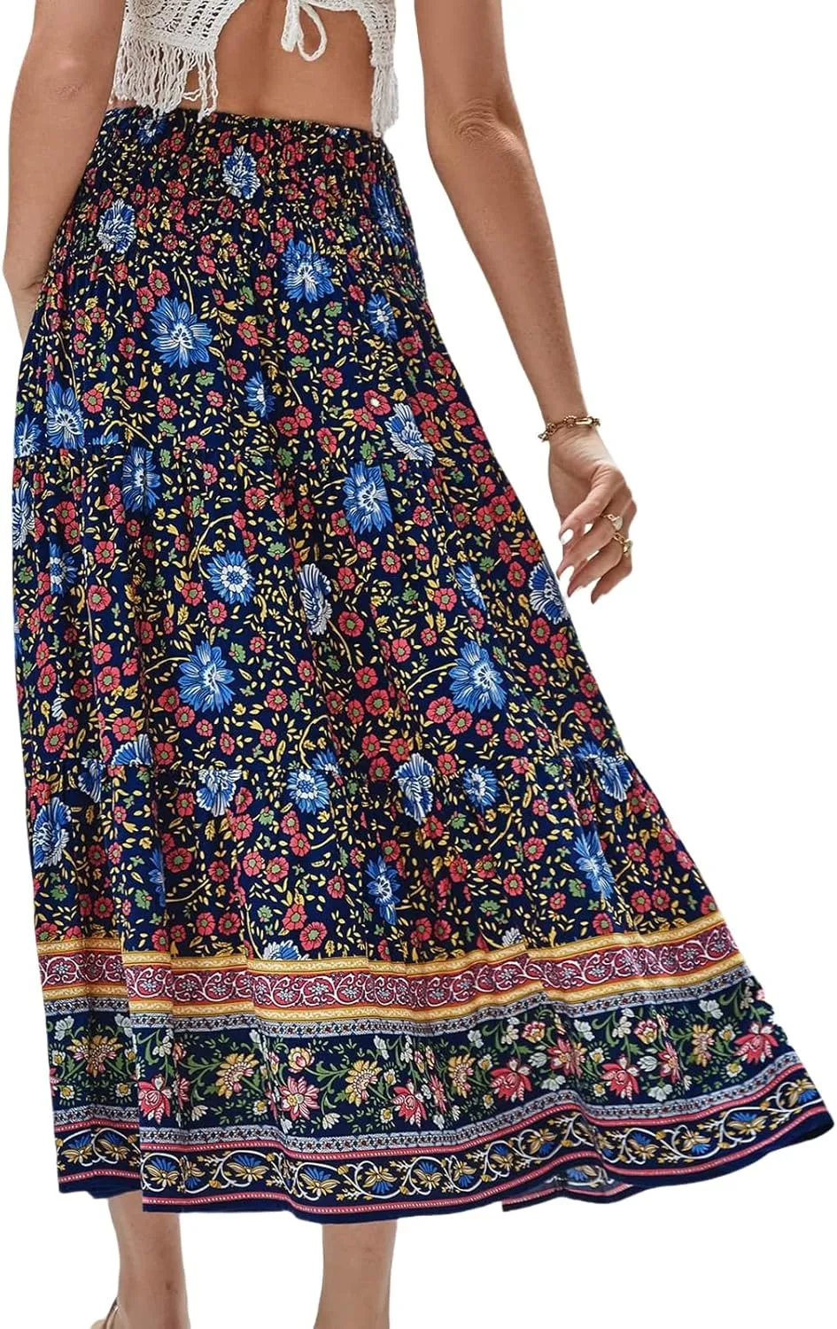 Women Boho Maxi Skirts Flowy Floral Elastic High Waist Long Skirts Summer Bohemian A-Line Pleated Casual Beach Skirt