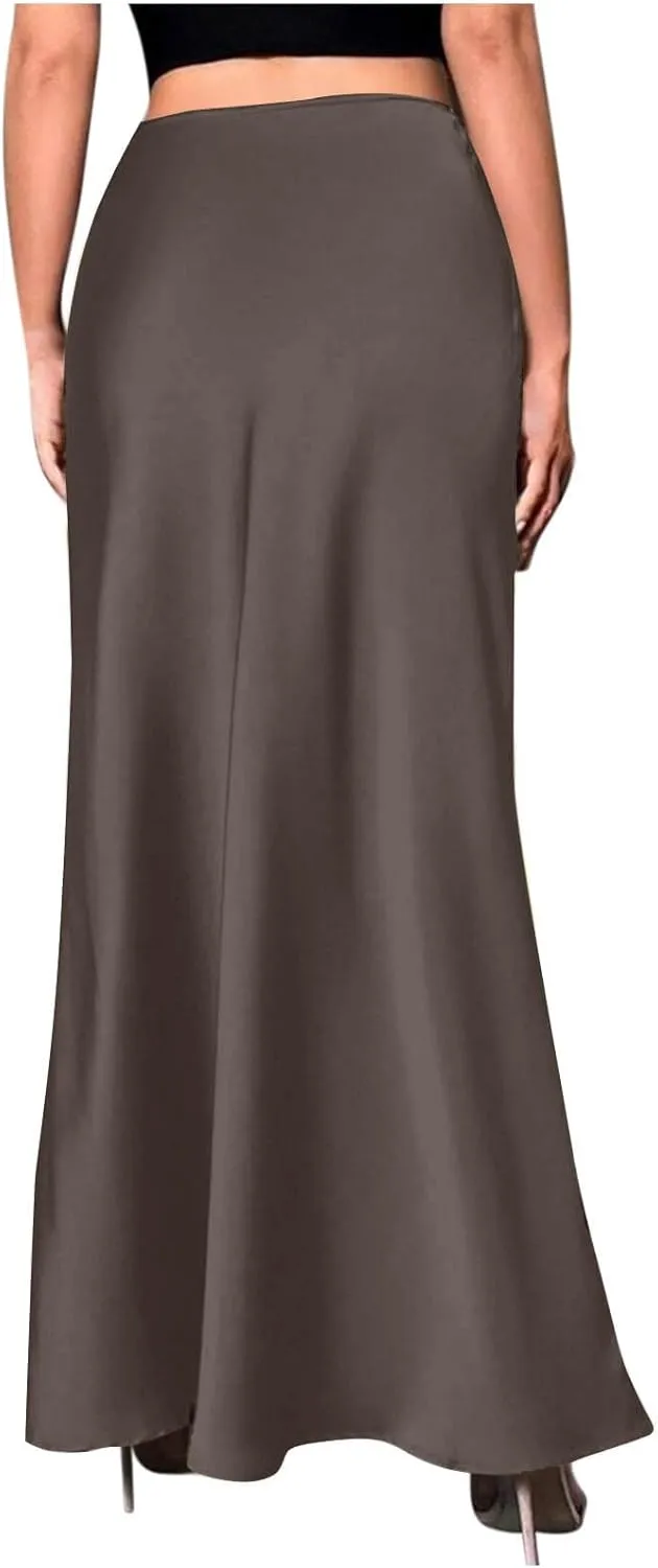 Women Satin High Waisted Maxi Skirts Hidden Elasticized Waistband A Line Long Skirt 2025 Elegant Clothes