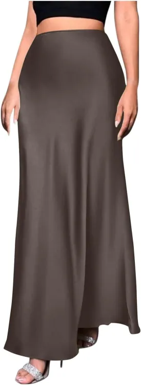 Women Satin High Waisted Maxi Skirts Hidden Elasticized Waistband A Line Long Skirt 2025 Elegant Clothes