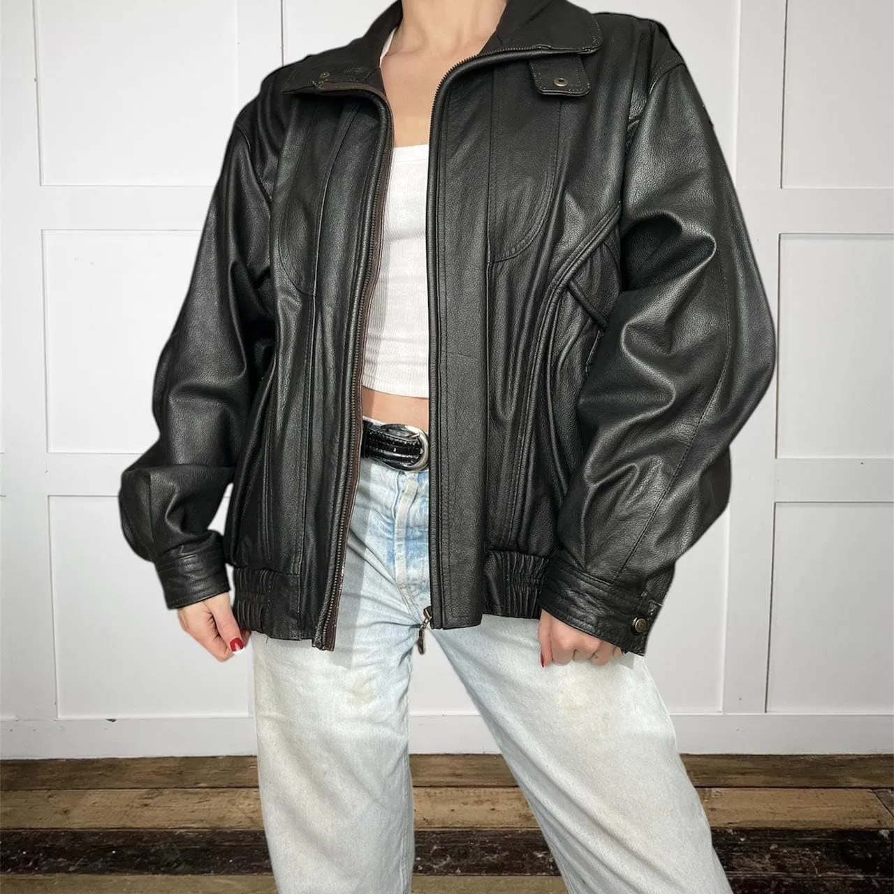 Womens 90'S Vintage Oversized Classic Style All Colour Genuine Leather Bomber Jacket