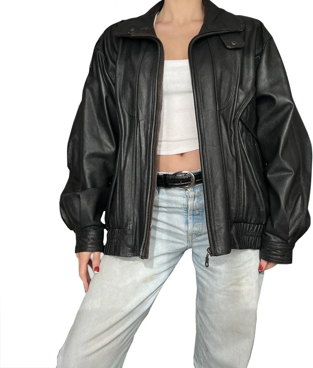Womens 90'S Vintage Oversized Classic Style All Colour Genuine Leather Bomber Jacket