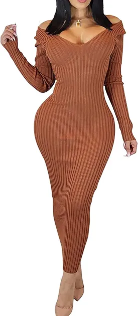 Women's Casual Off Shoulder Long Sleeves Slim Knit Bodycon Sweater Dress Midi Pencil Dress.