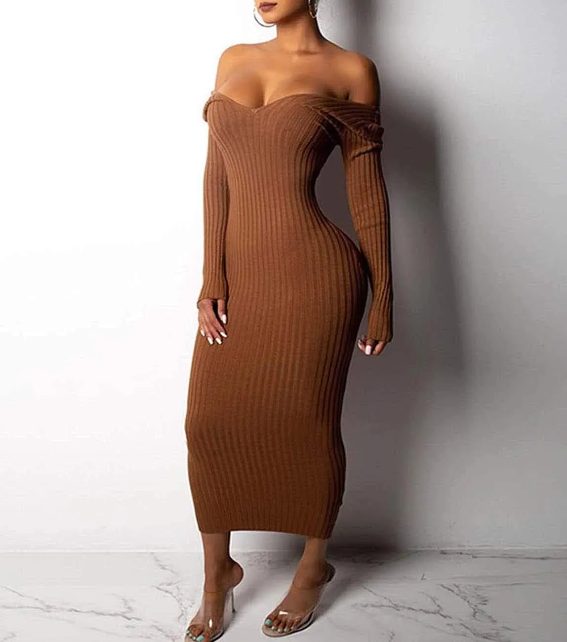 Women's Casual Off Shoulder Long Sleeves Slim Knit Bodycon Sweater Dress Midi Pencil Dress.