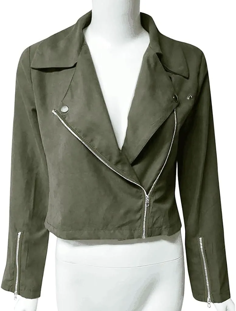 Women's Fashion Fall Leather Jacket Long Sleeve Zip Up Lapel Belted Motorcycle Jacket Vintage Solid Fitted Coat Outwear
