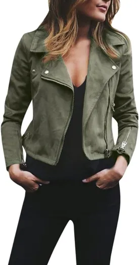 Women's Fashion Fall Leather Jacket Long Sleeve Zip Up Lapel Belted Motorcycle Jacket Vintage Solid Fitted Coat Outwear