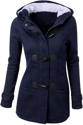 Womens Horn Button Fuzzy Fleece Coat Plus Size Winter Warm Thicken Hooded Jacket Casual Padded Pea Coats with Pockets
