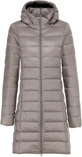 Womens Lightweight Long Puffer Jacket Water-Resistant Winter Coat Packable Hooded Long Padded Down Ccoat Outwear