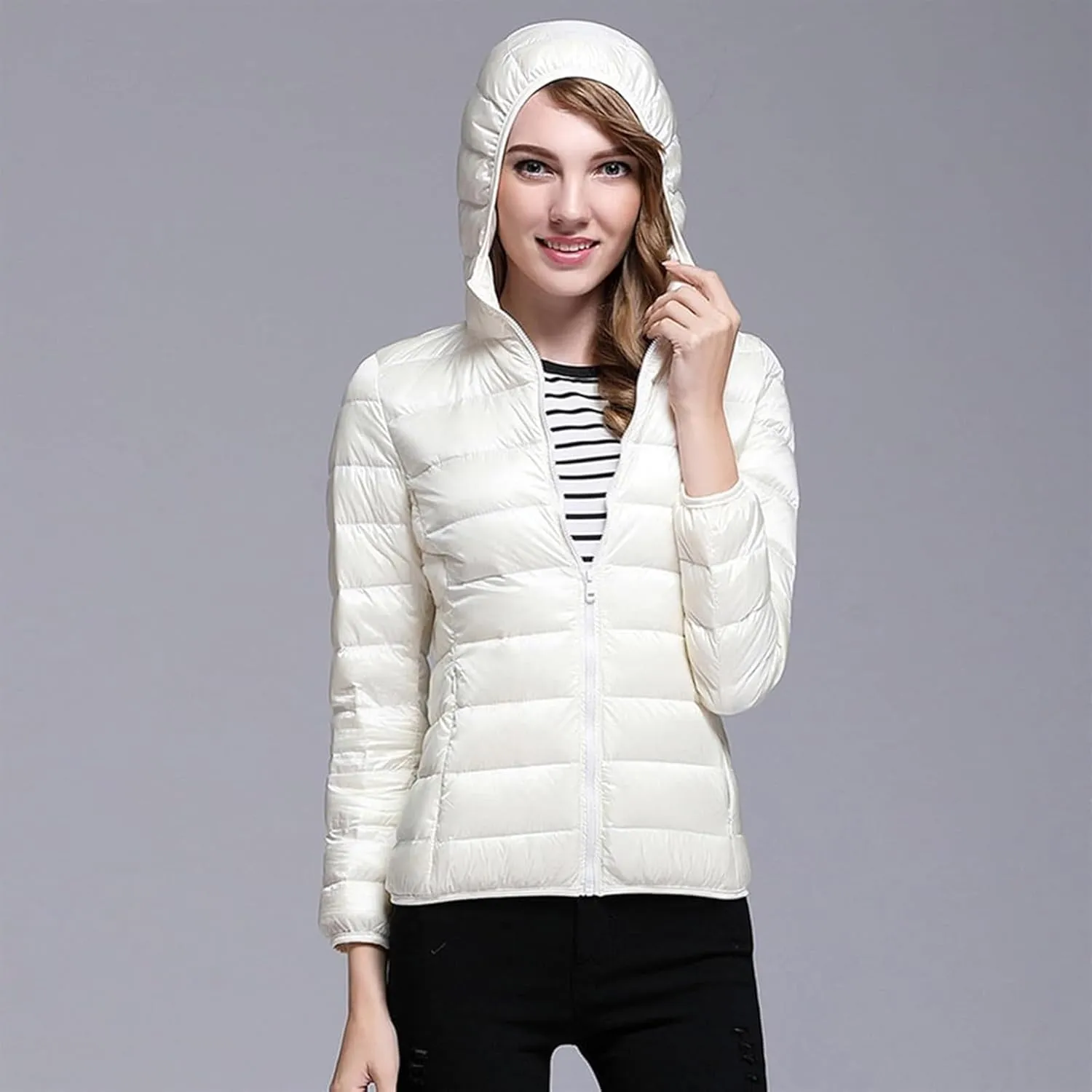 Womens Puffer Hooded Jackets 2023 Winter Warm Packable Down Coats Lightweight Slim Fit Quilted Jacket Outdoor Coats