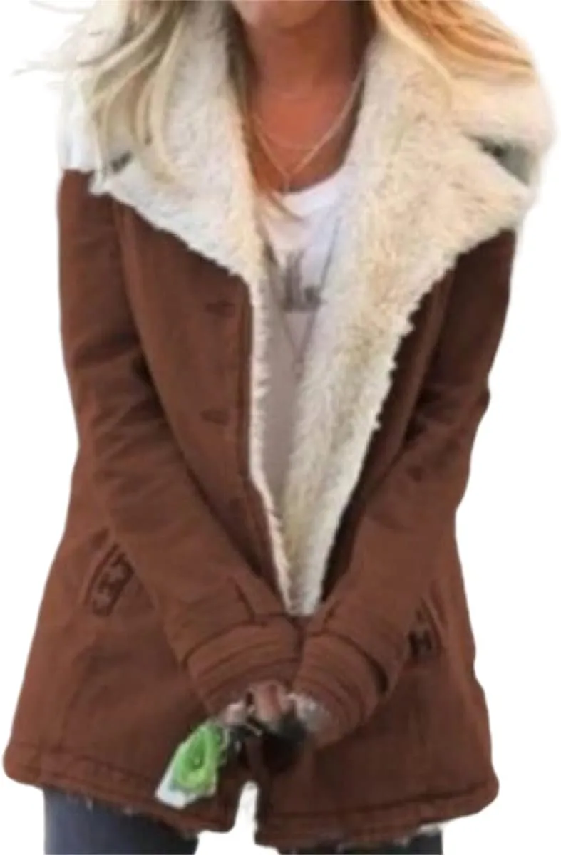Womens Sherpa Fleece Lined Jacket Lamb Wool Padded Coats Button Down Lapel Trench Coat Faux Suede Thicken Warm Outwear