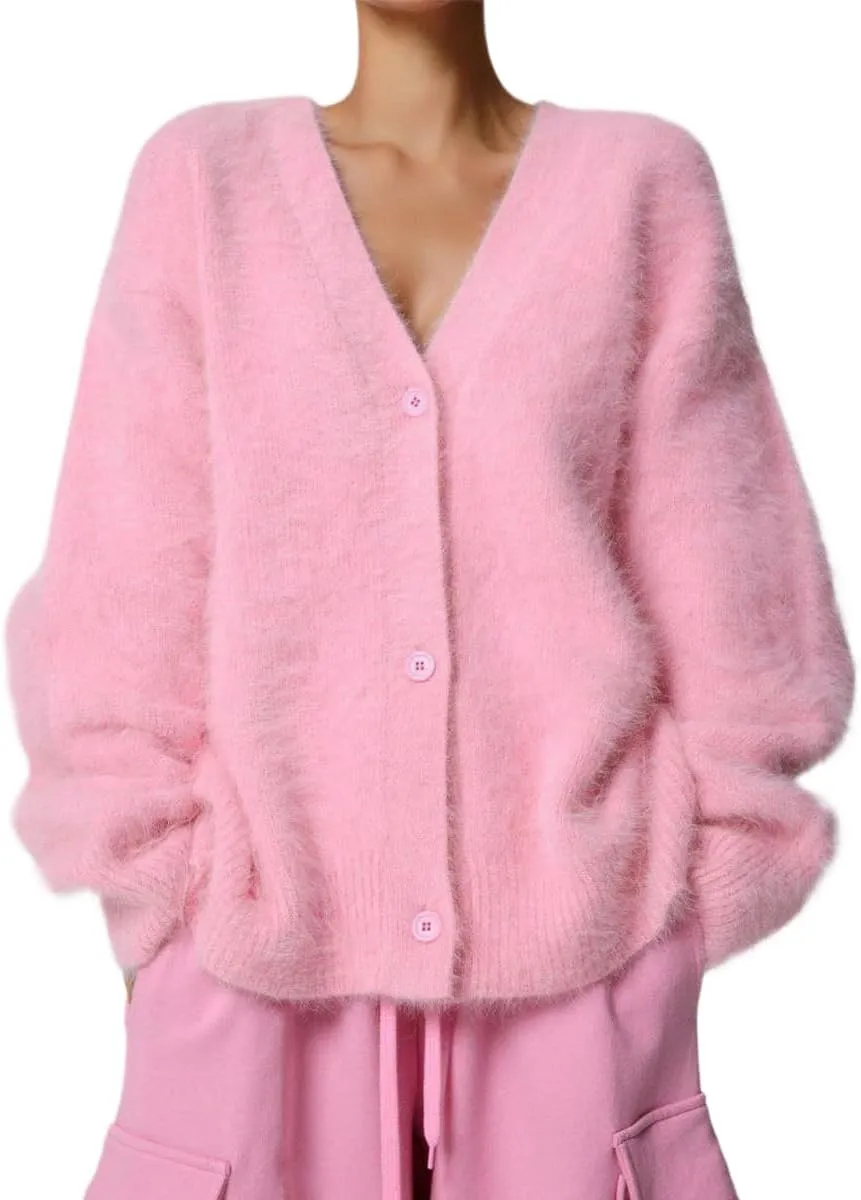 Women's Slouchy Fuzzy Cardigan Sweater - V Neck Long Sleeve Button Down Furry Knitwear for Fall, Plus Size