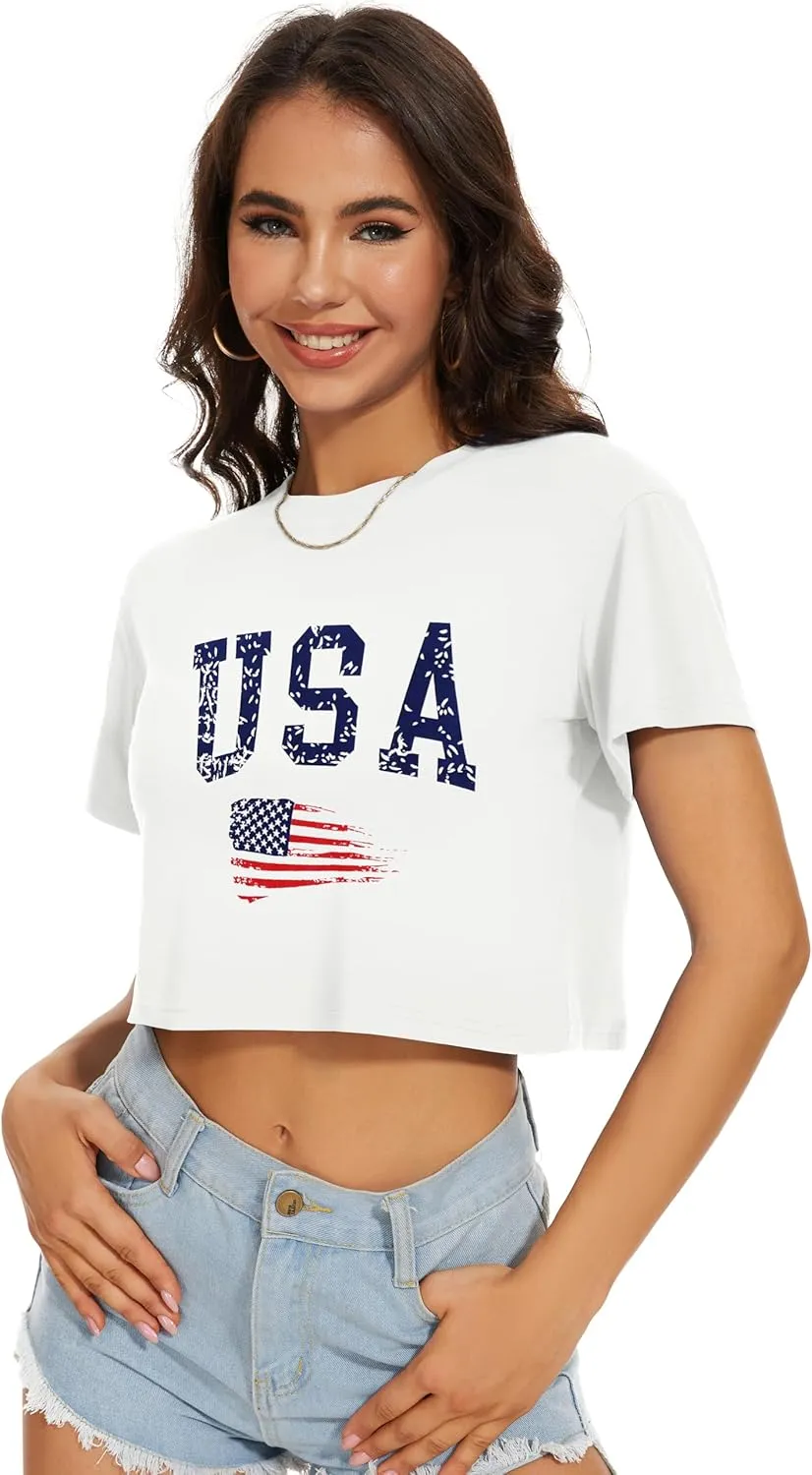 Womens Summer Crop Tops Short Sleeve Round Neck T-Shirts Loose Fit Casual Blouse