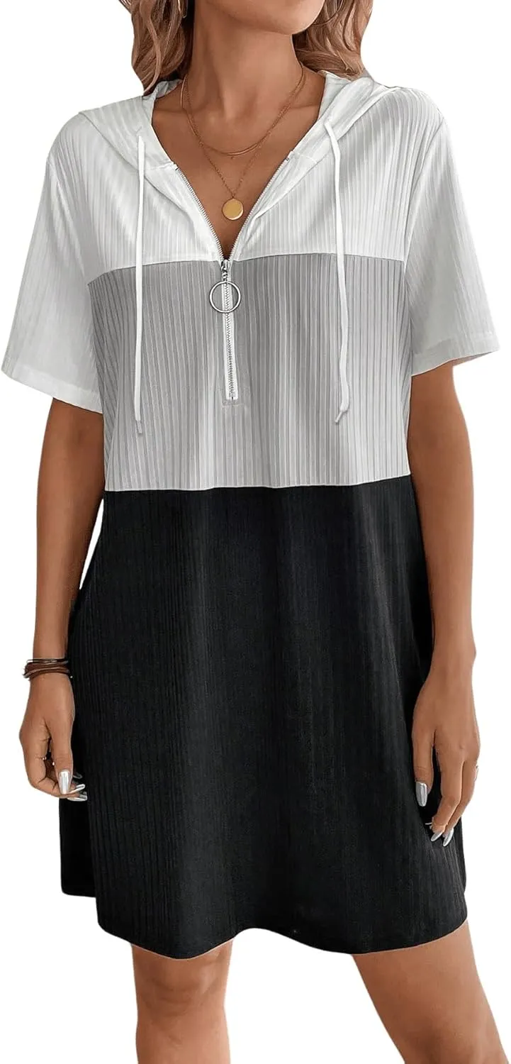 Women's Summer Dress Colorblock Short Sleeve Half Zip Hooded T Shirt Dress Loose Tunic Dress