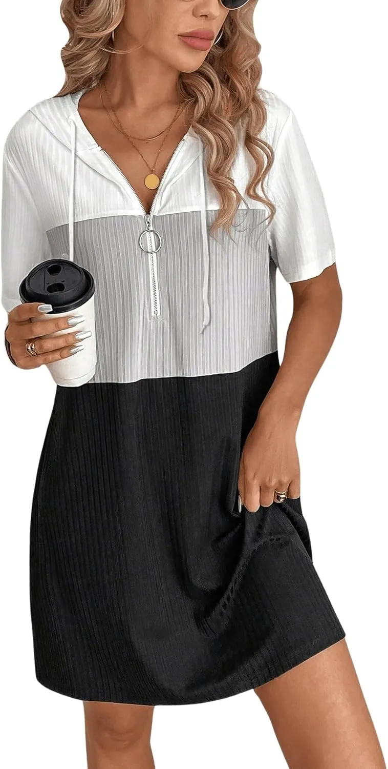 Women's Summer Dress Colorblock Short Sleeve Half Zip Hooded T Shirt Dress Loose Tunic Dress