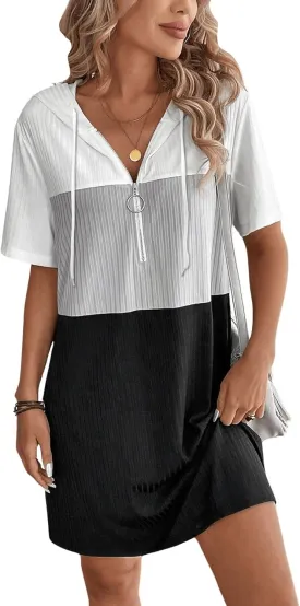 Women's Summer Dress Colorblock Short Sleeve Half Zip Hooded T Shirt Dress Loose Tunic Dress
